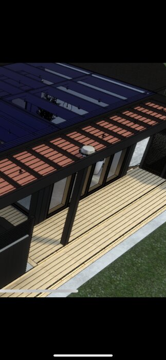 Renderad bild av en byggnad med ett tak, där vissa paneler saknas för att skapa ett naturligt fall för vattnet, del av ett byggprojekt.