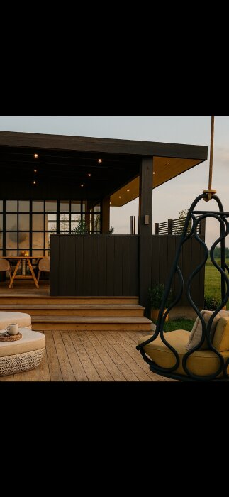 Modern veranda med trätrall, hängstol och sittplats. Taket har infällda spotlights och omges av stora glasfönster med mörka ramar.