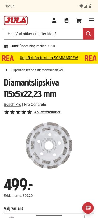 Diamantslipskiva 115x5x22,23 mm från Bosch Pro, med prisinformation och stjärnrecensioner på Jula's webbplats.