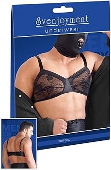En förpackning med herrunderkläder, innehållandes en bysthållare och mask, från märket Svenjoyment.