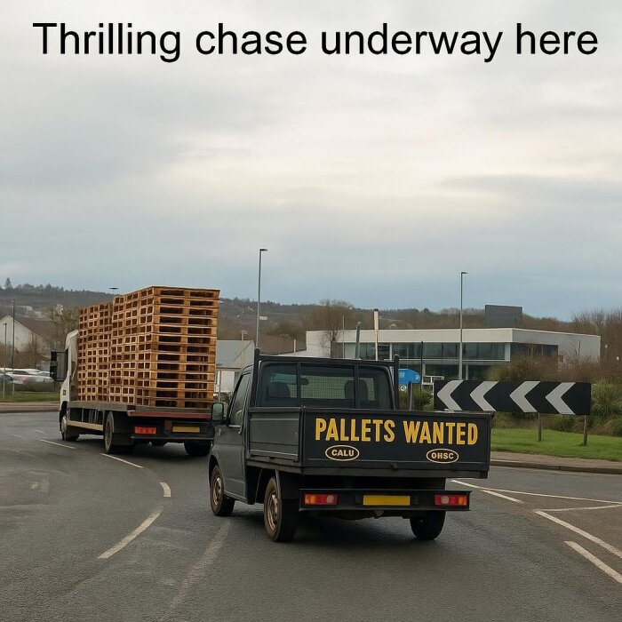 En liten lastbil märkt "PALLETS WANTED" kör bakom en lastbil lastad med träpallar på en väg med en skylt för rondell.