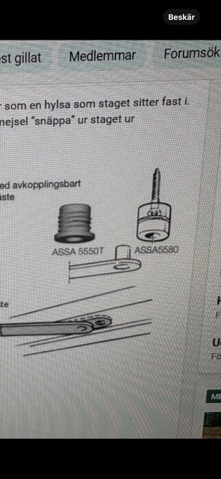 Skiss på monteringsbeskrivning för ASSA 5550T och ASSA 5580, med avbildade komponenter och deras positionering.