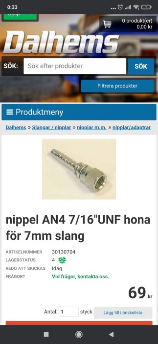 Nippel AN4 7/16" UNF hona för 7mm slang, produktbild från Dalhems webbplats.