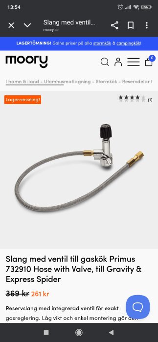 Slang med ventil för gaskök Primus, möjliggör exakt gasreglering med enkel montering. Passar Gravity och Express Spider. Rabattmarkerad från 369 kr till 261 kr.