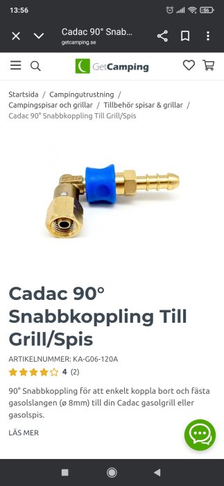 Cadac 90° snabbkoppling för gasolgrill/spis, med blått gummigrepp och mässingsdetaljer, till campingspisar och grillar, artikelnummer KA-G06-120A.