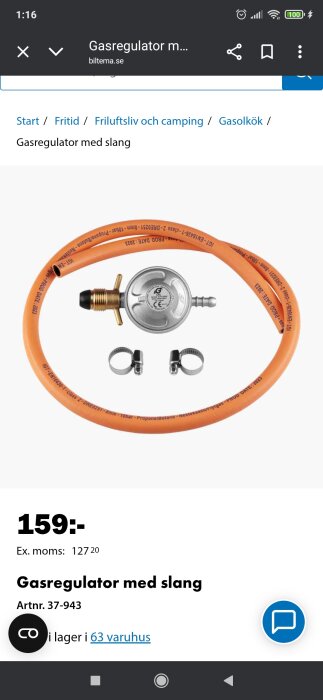 Gasregulator med orange slang, metallnippel och två slangklämmor, för användning med campinggasbehållare, visas mot vit bakgrund.