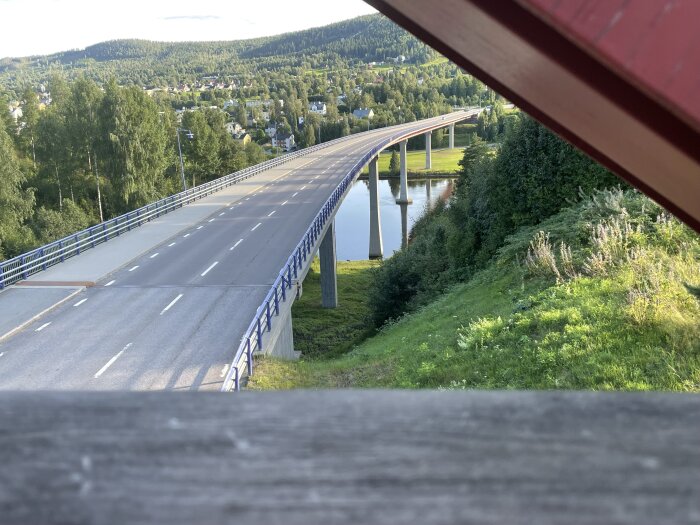 Bro över en flod med omgivande grönska och skog i bakgrunden, fotad från en träplattform.