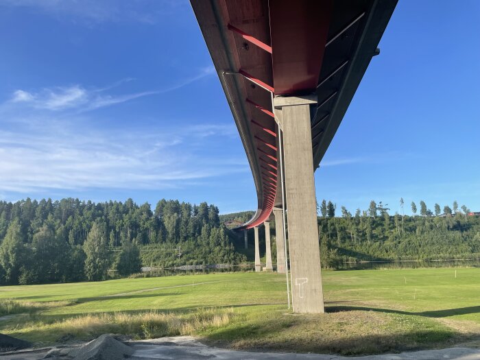Bro sedd underifrån, sträcker sig över en grön dal med lummiga träd och klarblå himmel i bakgrunden.