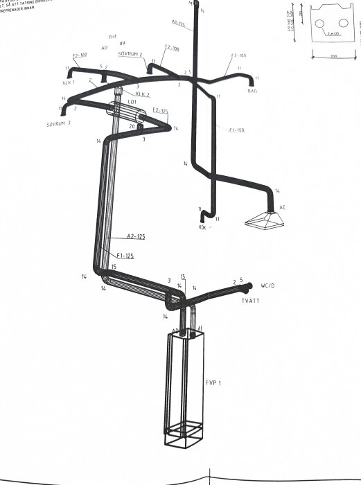 Ritning som visar ventilation och frånluftsrör i ett hus, med olika rumsanslutningar markerade.