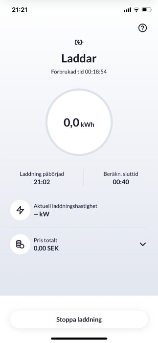 Skärmbild av laddningsapp visar noll kWh förbrukat, tid: 18:54, start 21:02, beräknad sluttid 00:40, laddhastighet saknas, kostnad 0 SEK.