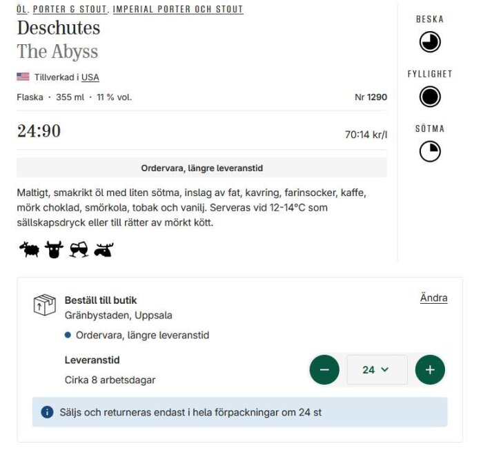 Produktinformation om ölen Deschutes The Abyss, inklusive pris, smakbeskrivning, tillgänglighet och leveranstid vid beställning till butik i Uppsala.