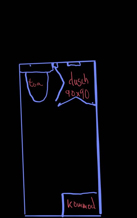 Planlösning av ett badrum med toalett, dusch 90x90 och kommod.