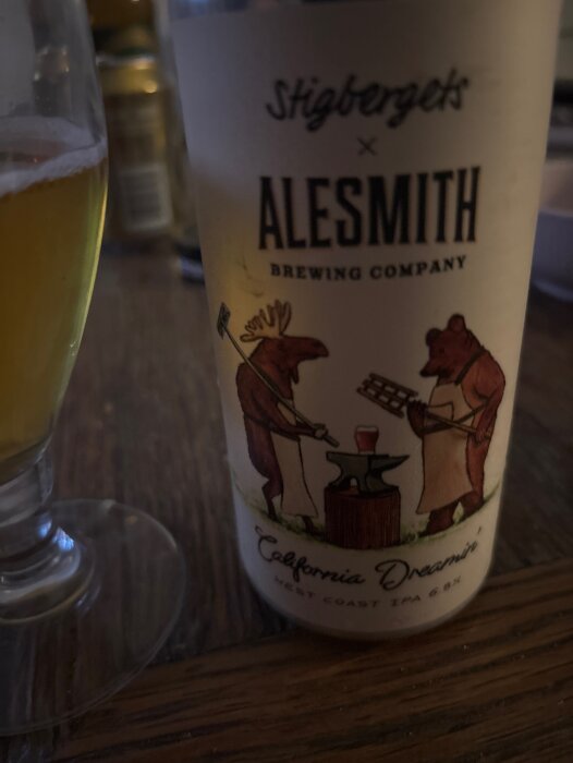 Dryckesburk från Stigbergets x Alesmith, med motiv av björnar vid ett städ. Glas med öl i bakgrunden, etikett "California Dreamin' West Coast IPA".