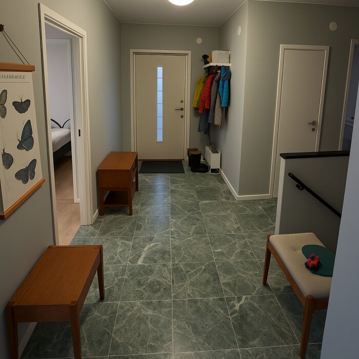 Entré med grön marmorliknande golv, vit dörr med glasruta, klädhängare med jackor, träbänk och fjärilstavla på väggen.