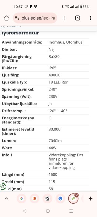 Specifikationer för lysrörsarmatur: IP65, 4000K, 230V, 7040lm, 44W, Ra≥80, -20° till +40°C, T8 LED, spridningsvinkel 240°, längd 1580 mm.