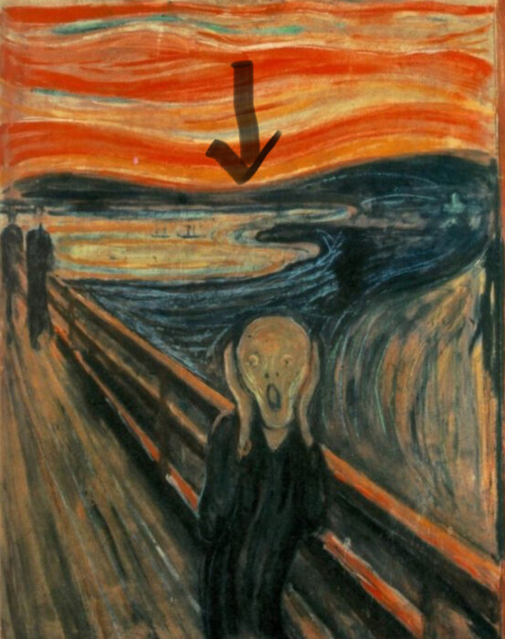 Målningen "Skriet" av Edvard Munch med en svart pil som pekar över landskapet i bakgrunden.