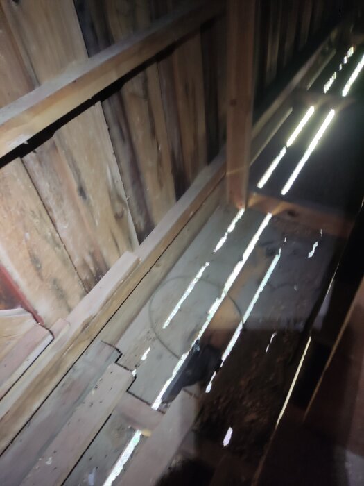 Sprucken takfot med ljusinsläpp och sågspån under, visar orsaker till problemet i tråd- och renoveringssammanhang.