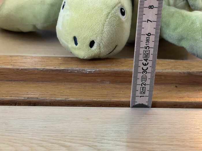 Mätsticka visar höjdskillnad mellan golv och dörrtröskel med en plyschsköldpadda i bakgrunden.