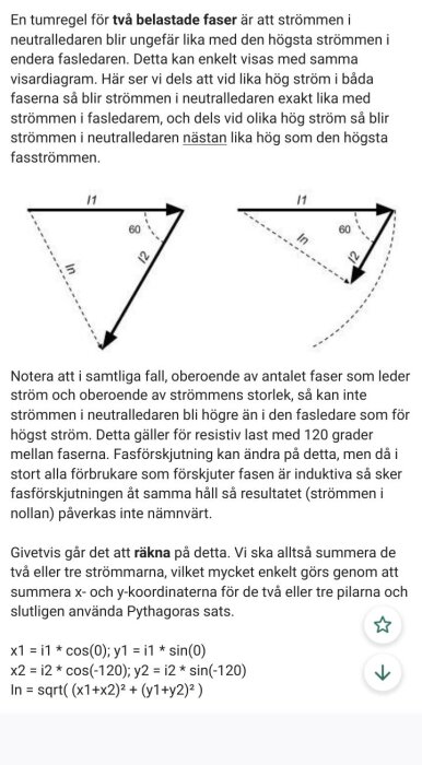 Visardiagram som visar två faser och neutralledare, med vektorer och vinklar som illustrerar strömförhållanden i ett elnät.