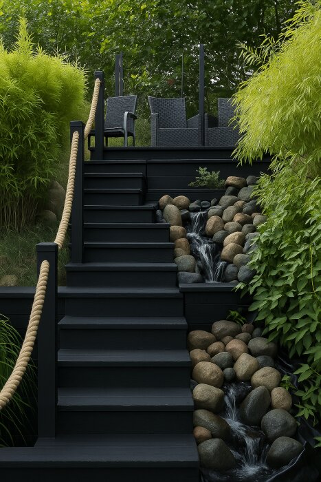 Svartmålad trappa i trädgård med rep som ledstång och en bäck av stenar bredvid, omgiven av grönska och utemöbler på avsatsen.