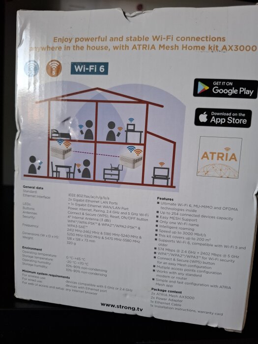 Förpackning för ATRIA Mesh Home kit AX3000, visar Wi-Fi 6-funktioner och kompatibilitet med Google Play och App Store.