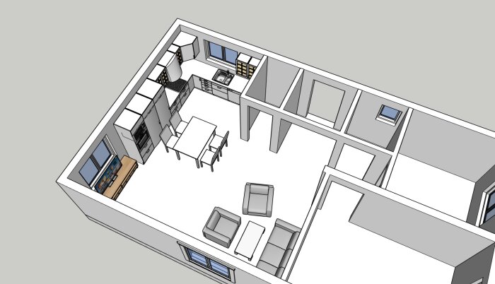 3D-modell av en lägenhetslayout med kök, matplats och vardagsrumsmöbler.