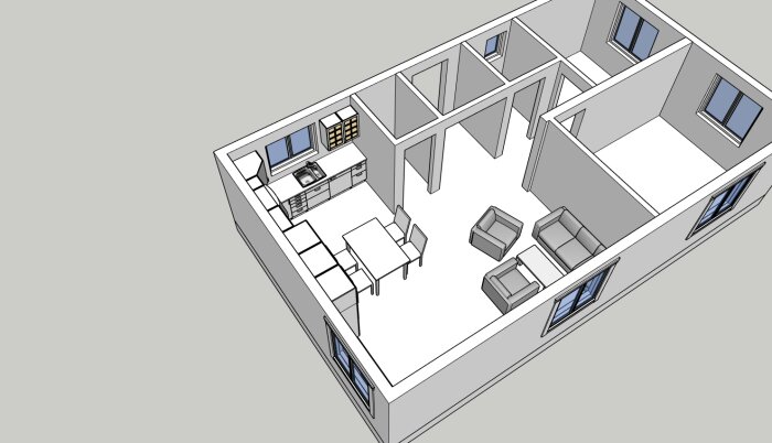 3D-skiss av lägenhetslayout med kök, matbord, soffgrupp och flera rum.