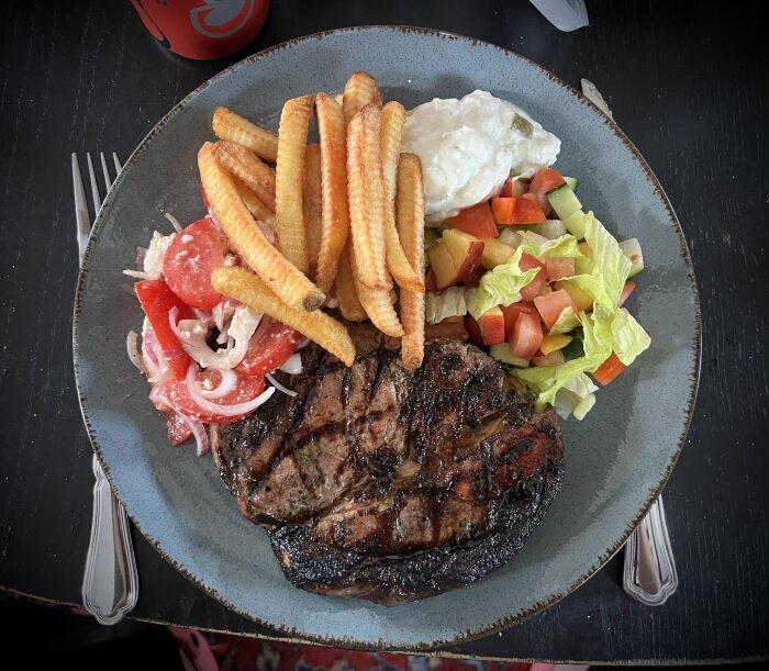 Grillad fläskkotlett med pommes frites, sallad och tzatziki på en tallrik.