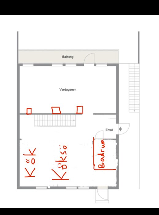 Planskiss som visar kök, köksö och badrum med röda markeringar efter renovering; vardagsrum och balkong också synliga.