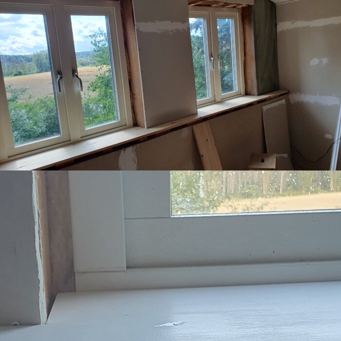 Fönsterkarmar i ett rum under renovering med brädor och gipsskivor, visas med fokus på glipa mellan karm och vägg.