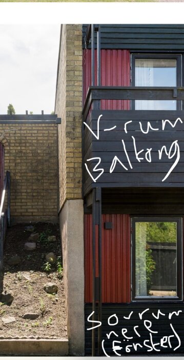 Bild på husvägg med rött trä och tegel, balkong och stora fönster. Text på bilden markerar "V-rum balkong" och "Sovrum nere (fönster)".