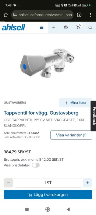 Produktbild av tappventil från Ahlsell, Gustavsberg, med prisinformation och artikelnummer 8473412.