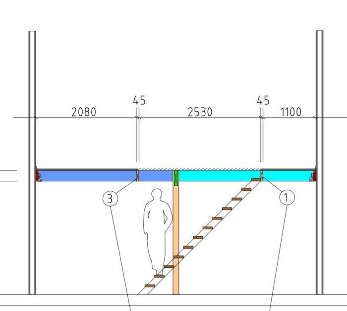 Ritning av rak trappa till entresolplan med mått och en schematisk person som visar skalan. Vinkeln cirka 40 grader. Vangstycke mot vägg.