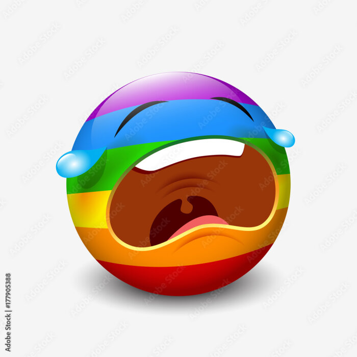 Gråtande regnbågsfärgad emoji med stora tårar och en mun som skriker.
