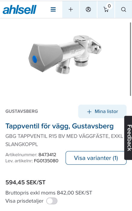 Ahlsell-webbsidan visar Gustavsberg tappventil för vägg, artikelnummer 8473412, pris 594,45 SEK.