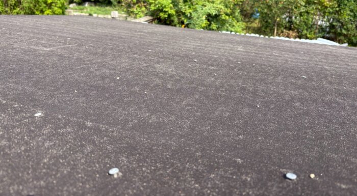 Takpapp med spikar synliga på ovansidan, nära trädgården, vilket visar spikningstekniken och potentiella vattenläckor.