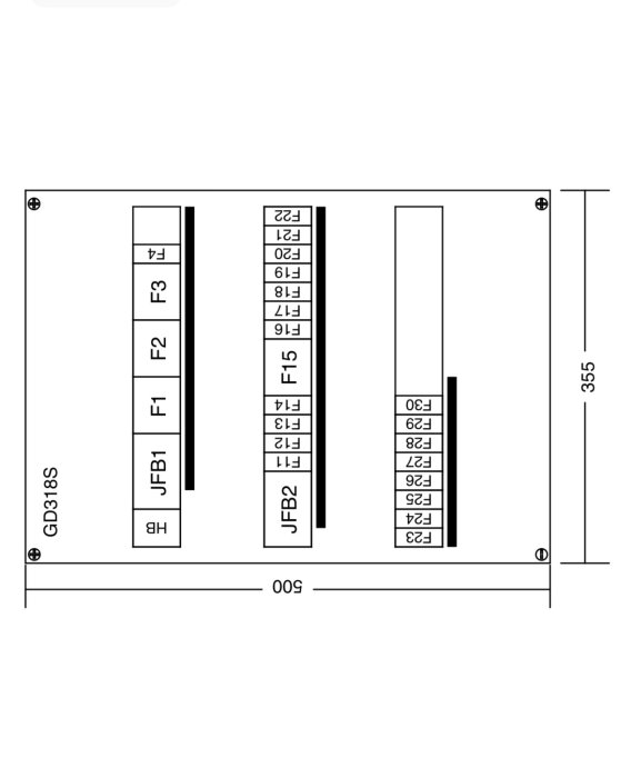 Schema över elcentralens gruppindelning med märkningar som JFB1, JFB2 och nummer som F1-F30. Diagrammet är 500x355 mm stort.