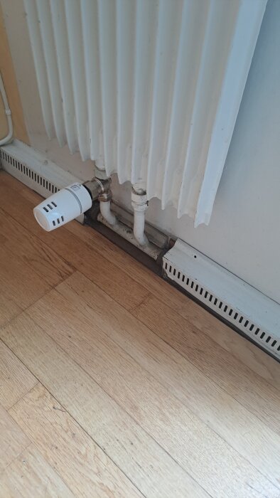 Radiator med två rör och termostatventil på trägolv, del av diskussion om byte från ett- till tvårörssystem.