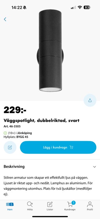Svart dubbelriktad väggspotlight för utomhusbruk från Biltema. Gjord av aluminium med plats för två ljuskällor.