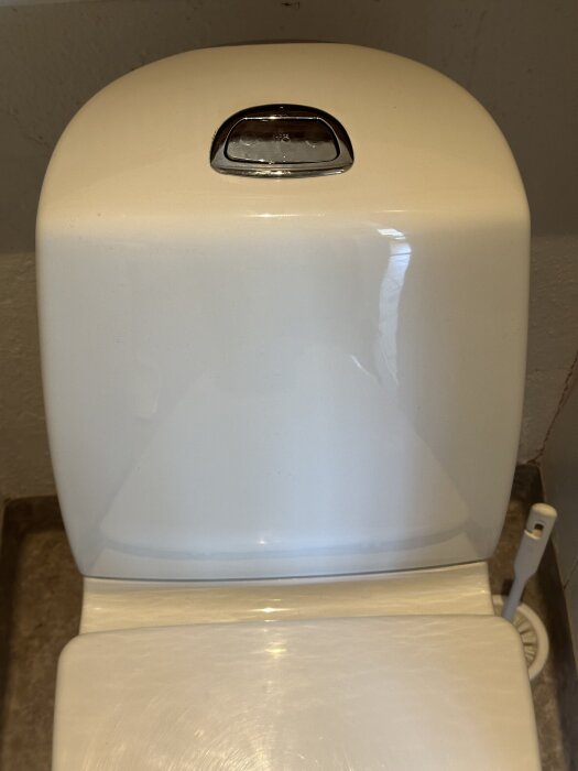 En vit toalettcistern med spolknapp sedd ovanifrån, del av en diskussion om installation av avfuktare och dräneringsfrågor.