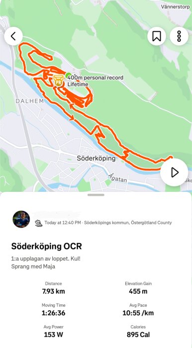 Karta över en 7,93 km löprunda i Söderköping med rutt markerad i rött, total höjdökning 455 m, snittempo 10:55/km, kaloriförbrukning 895.