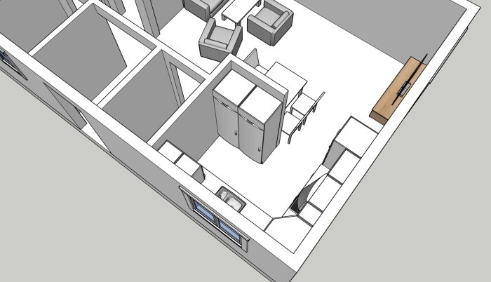 3D-ritning av kompakt lägenhet med kök, vardagsrum, matplats och två garderober i en öppen planlösning.
