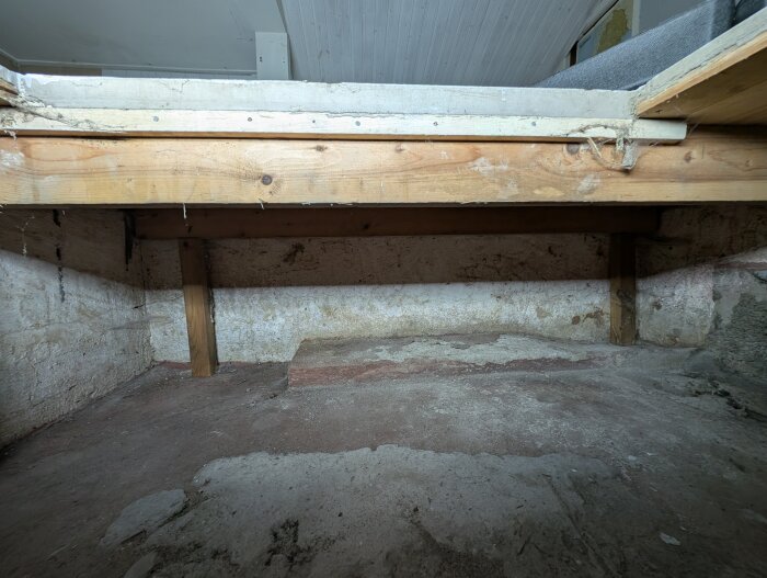 Betonggolv med träreglar ovanpå, inuti ett garage. Möjligt tidigare isoleringsprojekt synligt med träkonstruktion och betongväggar i bakgrunden.