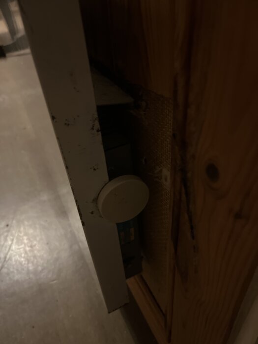 Halvöppen trädörr med vitt handtag och en skiva bakom, belyst av svagt ljus. Mörk omgivning och skuggor på golvet.