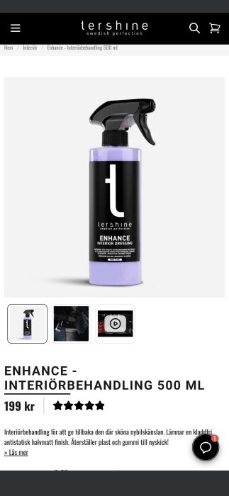 Flaska av Tershine Enhance Interiörbehandling, 500 ml, med spraymunstycke, används för att återställa plast och gummi till ett nytt utseende.