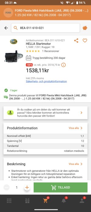 Bild av en Hella startmotor för Ford Fiesta Mk6 med 56% rabatt, pris 1538,11 kr inklusive moms.