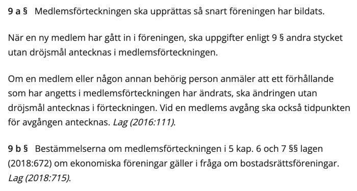 Text om medlemsförteckningens upprättelse och hantering enligt bostadsrättslagen kapitel 9, paragraf 9a och 9b.
