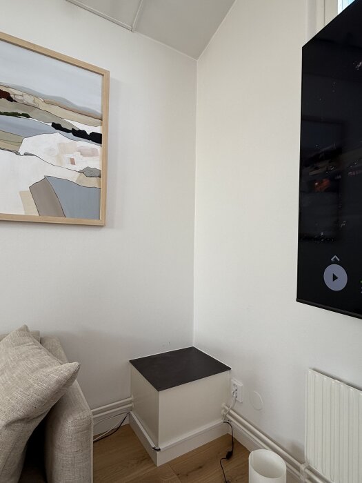 Upphöjd konstruktion i hörn av ett rum, intill en soffa och under en tavla, avsedd för etanolkaminprojekt.