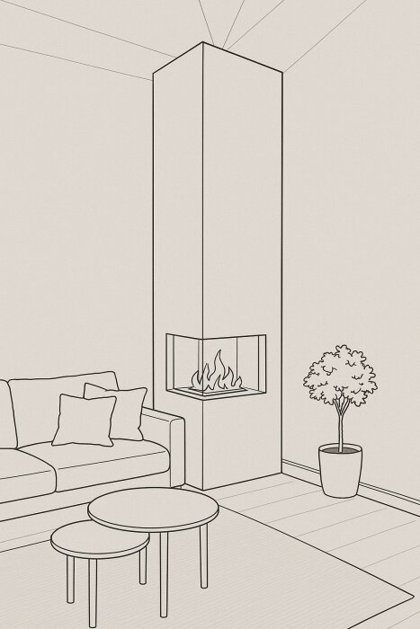 Skiss av ett vardagsrum med en pelare i hörnet, en integrerad etanolkamin, soffa, runda bord och en krukväxt.