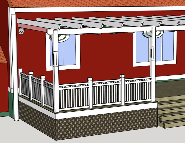 Pergola med vita takstolar och röd bakgrund. Diskuteras att sätta en rosa planka för att dölja det mjuka pergolataket, likt en existerande pergola.